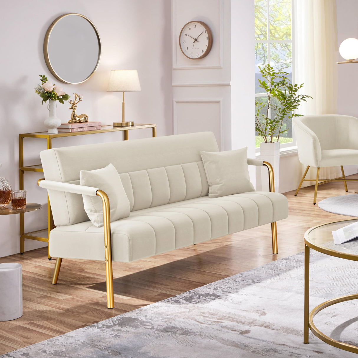Yaheetech 56.5" W Modern Sofa Small Sofa Luxurious Velvet Fabric Couch with Gold-Tone Metal Arms and Legs for Living Room, Home Office, Studio Beige Yaheetech