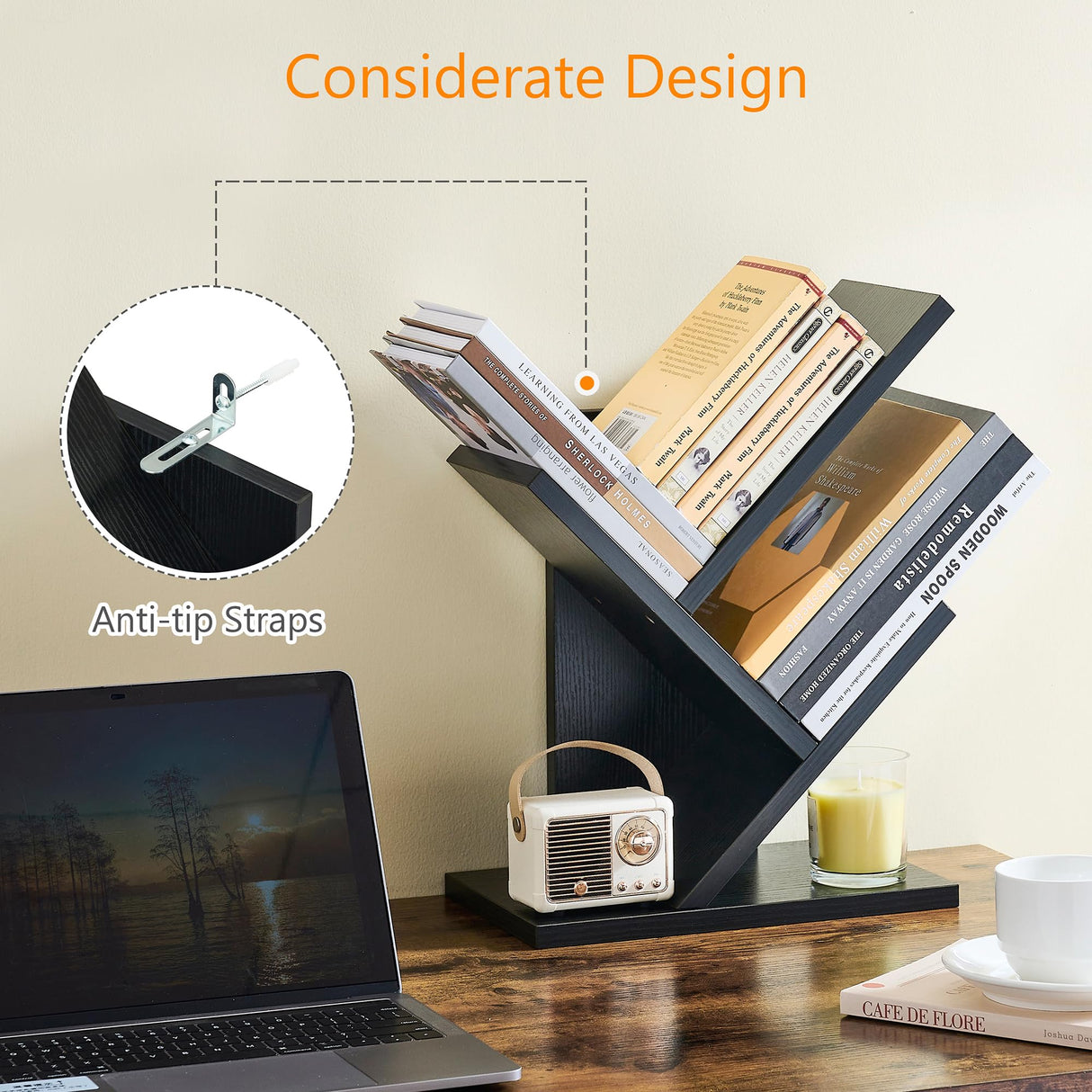 Tajsoon Tree Bookshelf 3 Tier Book Storage Organizer Shelves, Desktop Bookshelf Floor Standing Bookcase Display for CDs/Magazine/Books, Small Bookshelf for Bedroom, Living Room&Office, Black Tajsoon