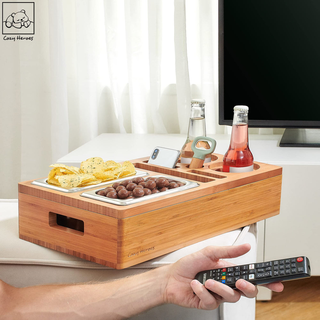 COZY HEROES Bamboo Couch Console Caddy: Ultimate Couch Cup Holder Tray, Middle-Couch Organizer, Drink Holder with Removable Magnetic Lid - Couch Center Console Perfect for Movie Nights for TV lovers COZY HEROES