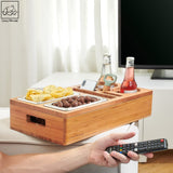 COZY HEROES Bamboo Couch Console Caddy: Ultimate Couch Cup Holder Tray, Middle-Couch Organizer, Drink Holder with Removable Magnetic Lid - Couch Center Console Perfect for Movie Nights for TV lovers COZY HEROES