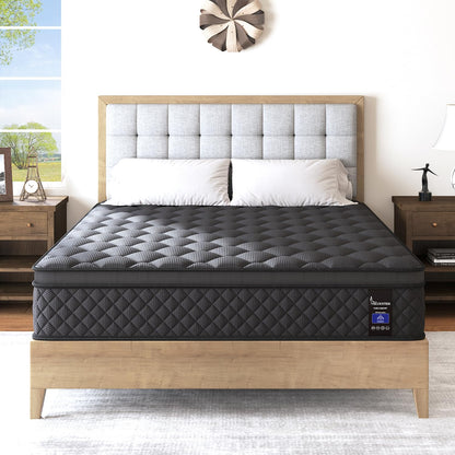 VISCOUNTESS Queen Mattress, 14 Inch Hybrid Mattress Black, Euro Top Mattress Medium Firm for Back & Lumbar Support, 100 Night Trial, Individual Pocket Spring Bed for Motion Isolation & Pressure Relief