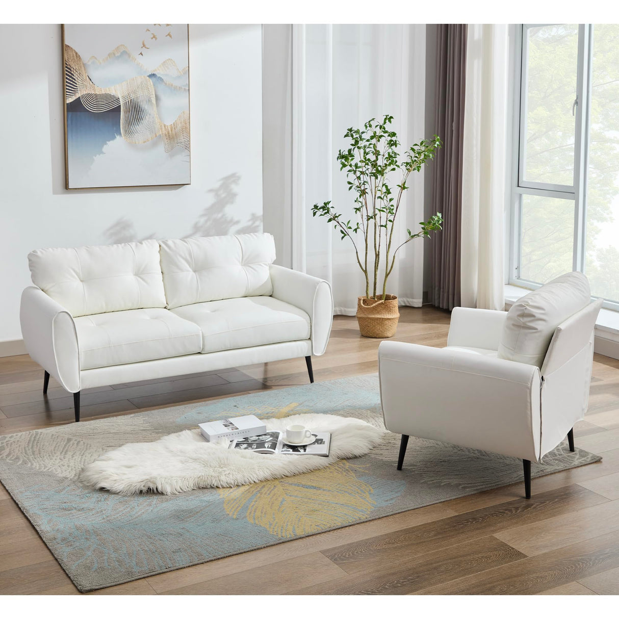 Sofa Couch 61" Small Loveseat Couches for Living Room White Leather Couch Mid Century Modern Tufted Mini Sofa Comfy Office 2 Seat Settee Love Seat Small Couches for Small Spaces Bedroom (2, White) TYBOATLE