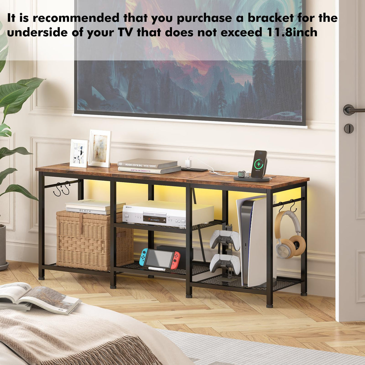 YGEOMER TV Stand Entertainment Center for 55 Inch TVs, with Charging Station and Lights Open Storage Shelves, TV Media Console, Open Storage Shelf with Sound Rack for Living Room, Rustic Brown YGEOMER