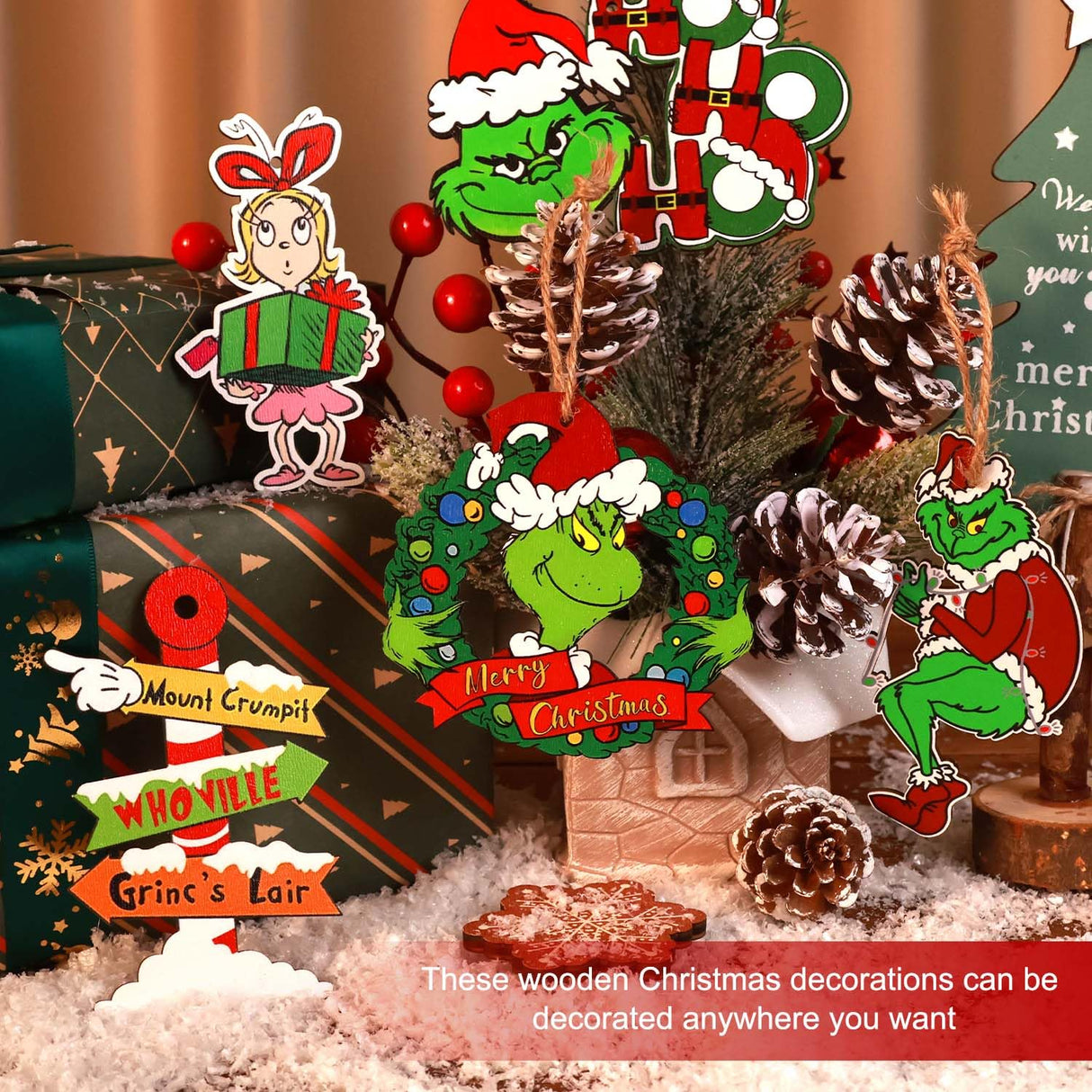 24PCS Christmas Decorations, Wooden Christmas Tree Ornaments, Grinc Christmas Decorations Christmas Ornaments Set Party Home Hommtina