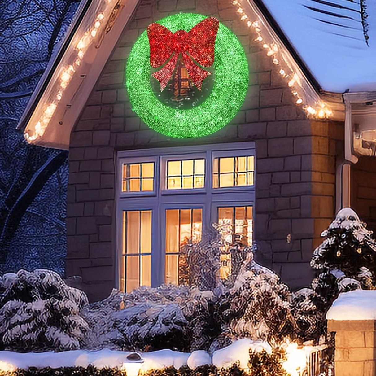 48Inch 4FT Large Christmas Wreath - Outdoor Christmas Wreaths with LED Lights,Extension Cable, Xmas Decorations for Door Outdoor Indoor Wall Home - Green HOYECHI