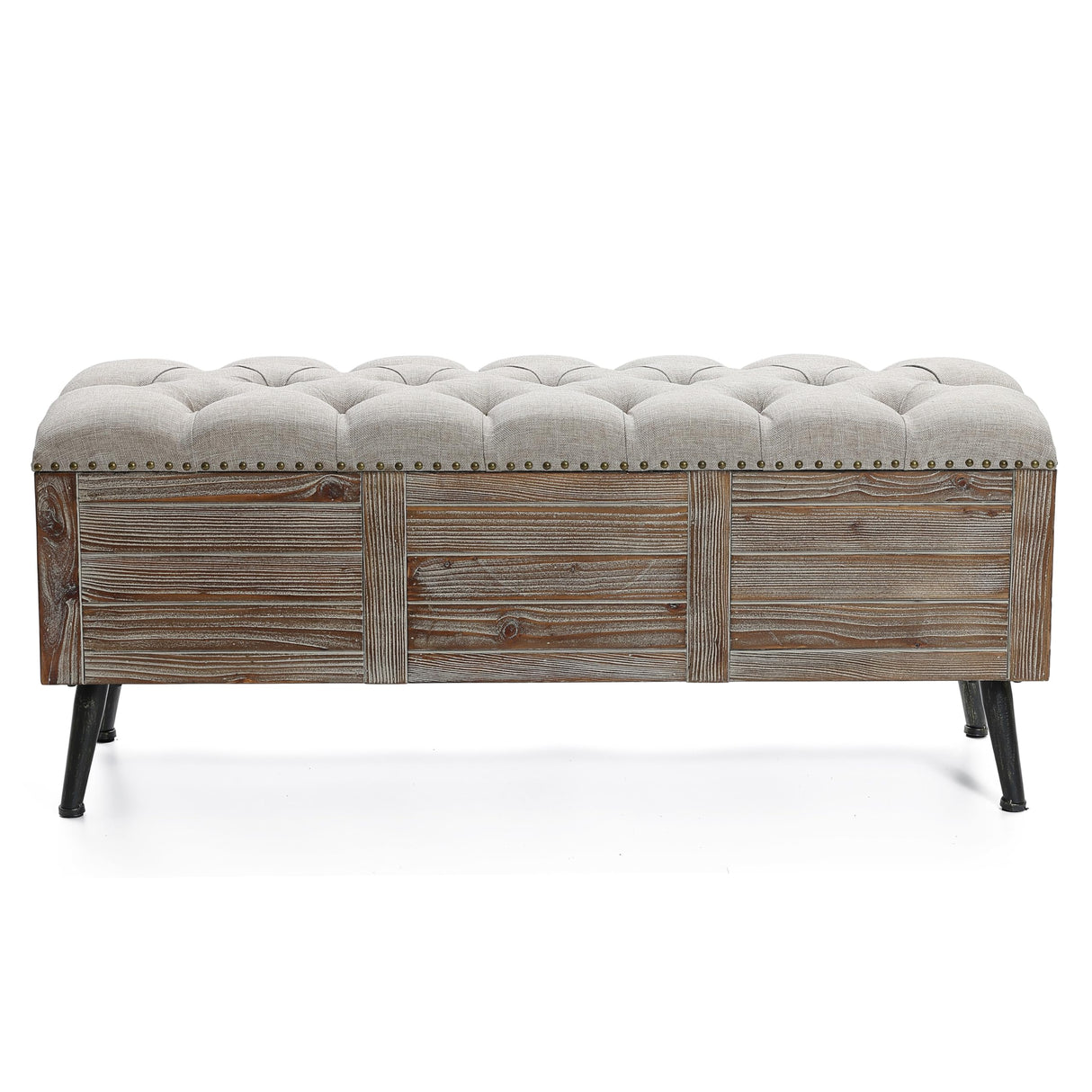 LuxenHome Storage Bench for Bedroom, 47" Wood Upholstered Bench with Storage and Seating, Luxury Beige and Brown Farmhouse End of Bed Bench, Storage Ottoman Bench for Living Room/Bedroom/Entryway LuxenHöme