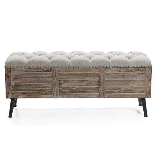 LuxenHome Storage Bench for Bedroom, 47" Wood Upholstered Bench with Storage and Seating, Luxury Beige and Brown Farmhouse End of Bed Bench, Storage Ottoman Bench for Living Room/Bedroom/Entr - WoodArtSupply