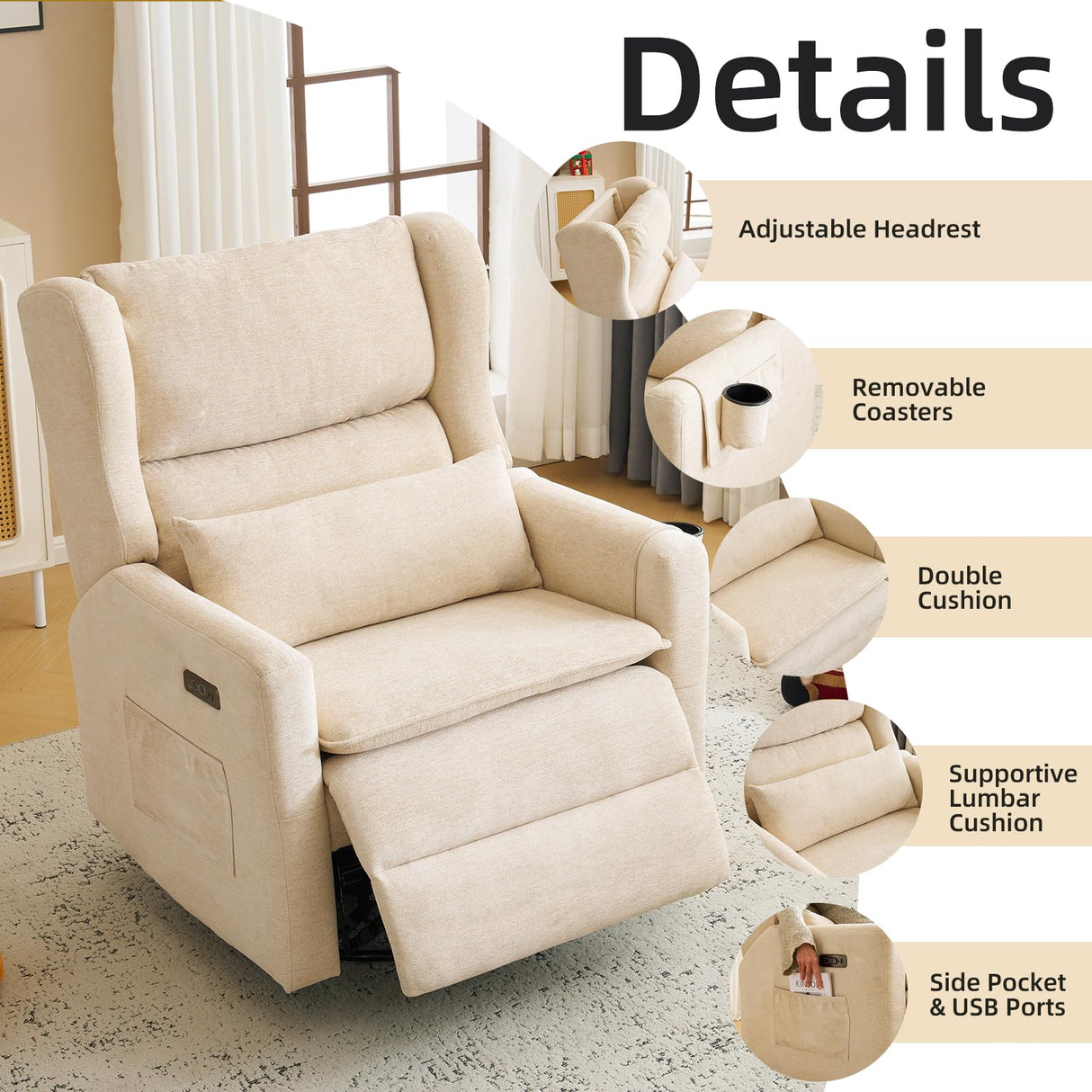 Rhevoy Oversized Swivel Rocker Recliner Chair, 26" Extra Wide Glider Nursery Chair with Adjustable Headrest, Chenille Power Recliner Rocking with Double Cushion, Cup Holder, Beige Rhevoy