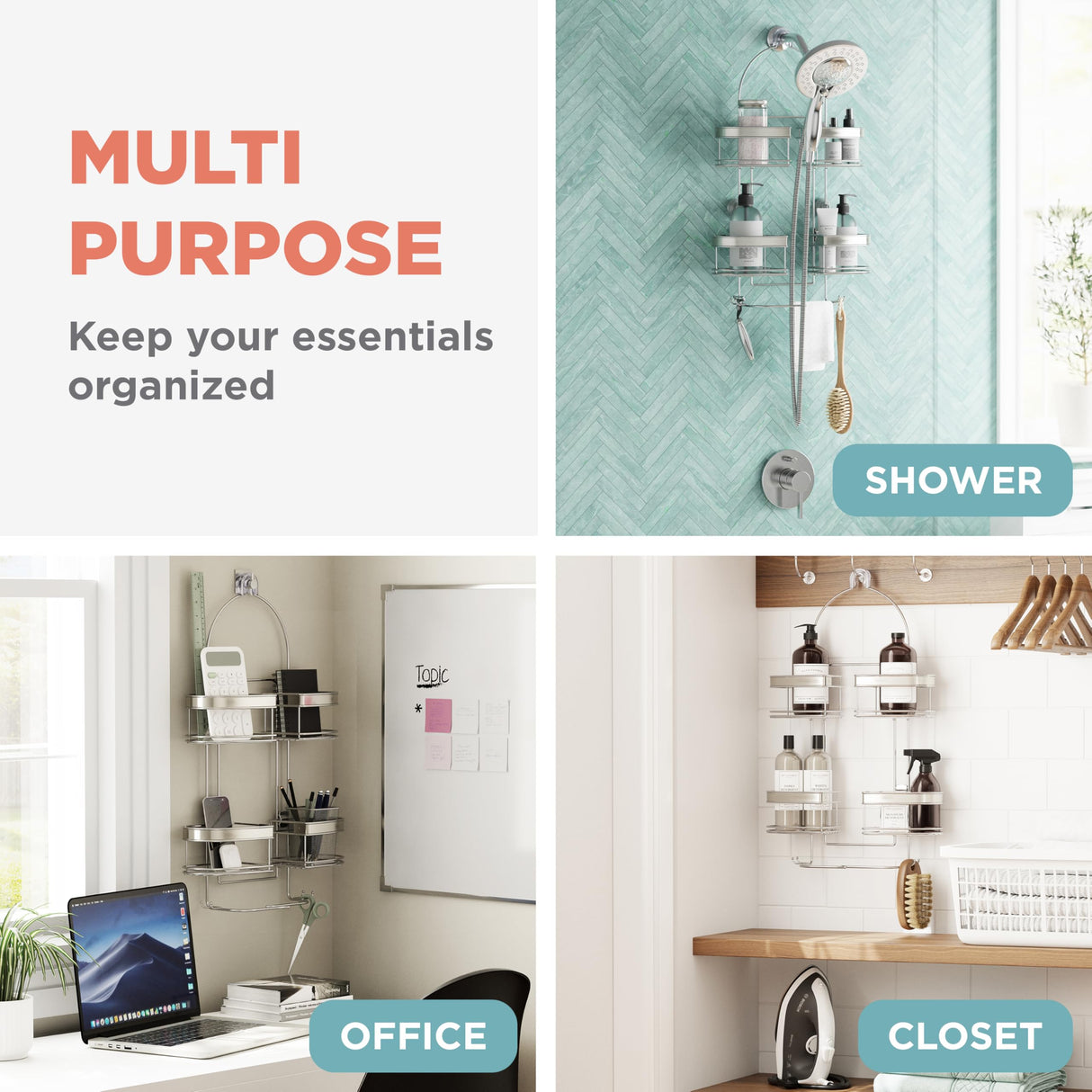 Zenna Home Rust-Resistant Hanging Shower Caddy for Handheld Shower Heads, Over the Shower Head Caddy with 2-Way Adjustable Baskets and Storage Hooks, Bathroom Hanging Organizer, Stainless Steel Zenna Home