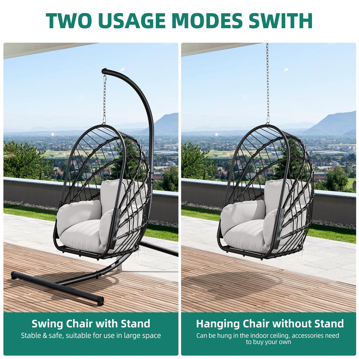 YITAHOME Hanging Egg Chair with Stand, Rattan Wicker Swing Egg Chair with Resistant Cushion, 350lbs Capacity, Foldable Hanging Rattan Basket Chair for Porch, Garden, Bedroom, Balcony, Grey YITAHOME