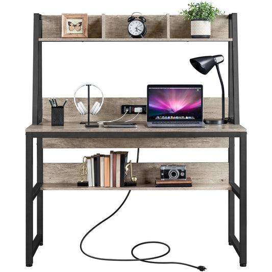 Yaheetech 47 Inch Grey Writing Desk with Power Outlets and USB Charging Ports for Home Office and Gaming - WoodArtSupply