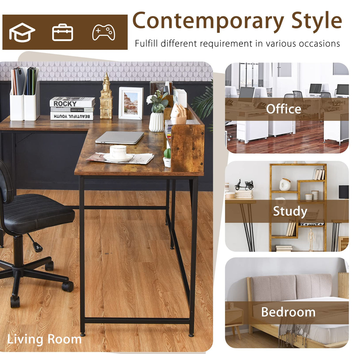 Tangkula 66.5 Inches L-Shaped Desk, Space Saving Corner Computer Desk with Hutch, Study Writing Desk with Storage Shelves Heavy Duty Steel Frame, Gaming Desk Computer Workstation for Home & Office Tangkula