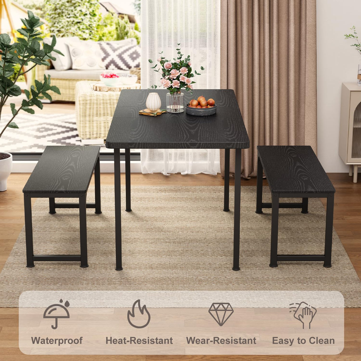 Gizoon Extendable Dining Table Set for 4,Kitchen Table Set with 2 Benches for Small Space,Apartment,Black Gizoon