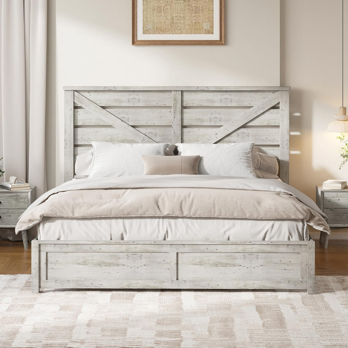 LUXOAK King Size Barn Door Wooden Bed Frame with Underbed Storage - Distressed White Finish LUXOAK