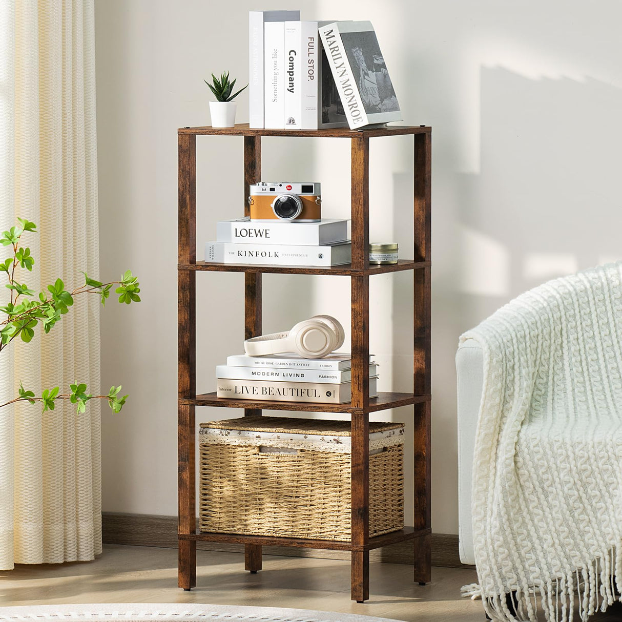 YUFAM 4 Tier Tall Wooden Bookshelf with Storage - Small Bookcase for Small Spaces, Small Shelf for Living Room, Office, Bedroom, Kitchen - Industrial Retro Brown Book Shelf YUFAM