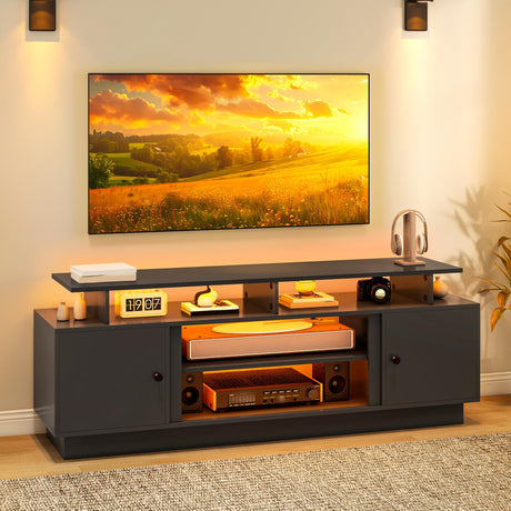 YITAHOME Modern TV Stand with LED Lights for up to 80 Inch TVs, Entertainment Center with Storage Cabinets & Movable Partition for Living Room (Black) YITAHOME
