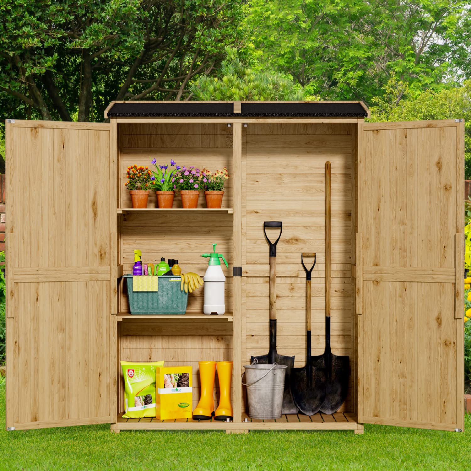 Gizoon Outdoor Storage Cabinet with Waterproof Roof, Double Lockable Doors Garden Shed with 2 Removable Shelves, Wooden Storage Shed with Large Storage Space for Patio, Garden, Backyard, Lawn - WoodArtSupply