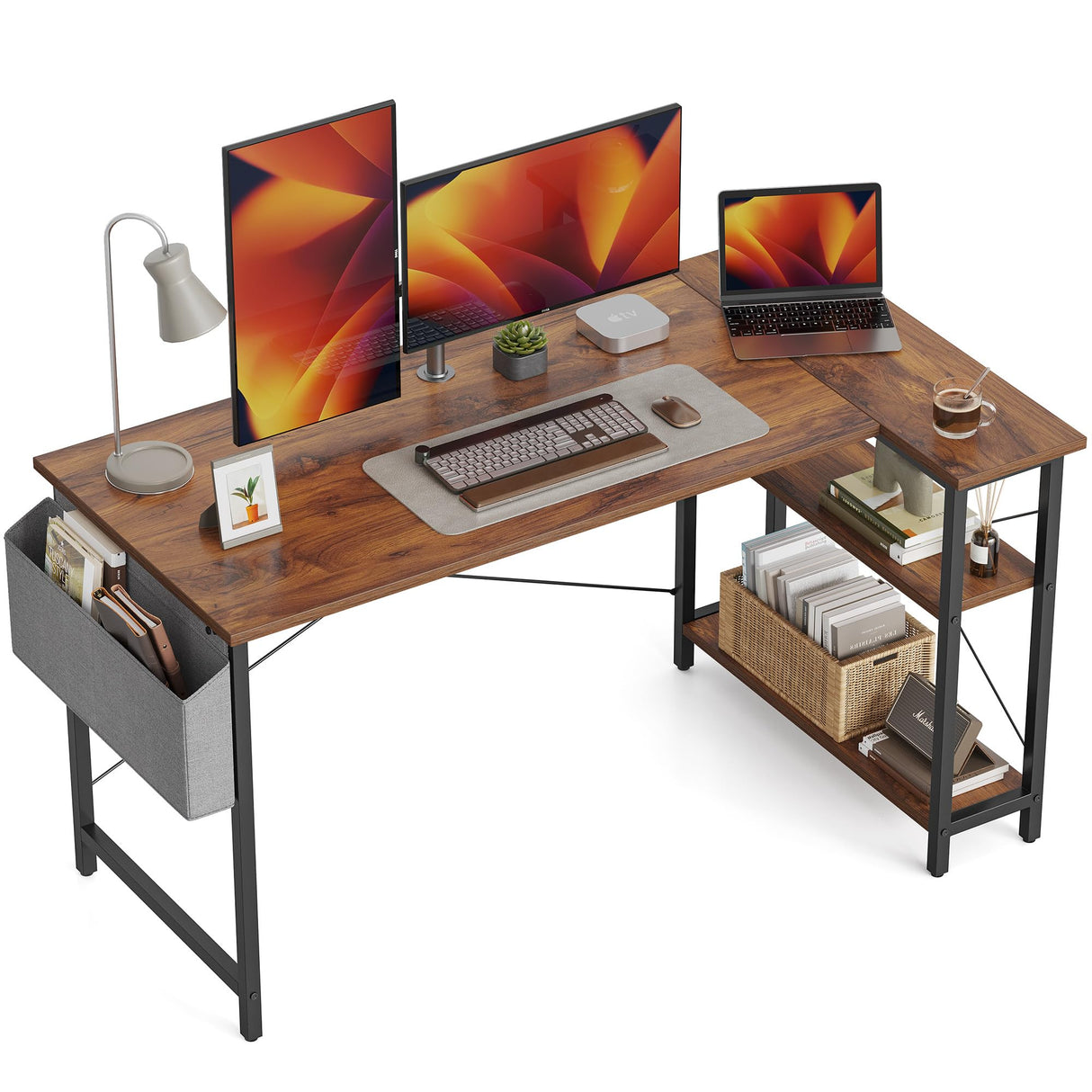 CubiCubi L Shaped Desk, 55 Inch Computer Desk with Reversible Storage Shelves Home Office Corner Desk Study Writing Table, Deep Brown CubiCubi