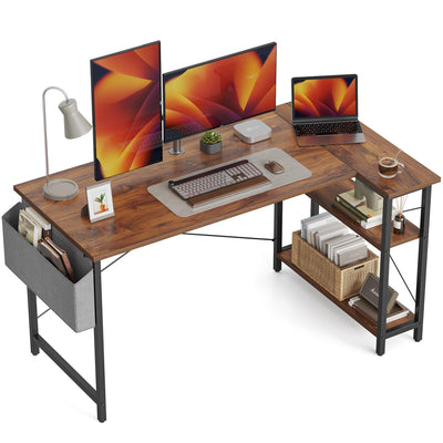 CubiCubi L Shaped Desk, 55 Inch Computer Desk with Reversible Storage Shelves Home Office Corner Desk Study Writing Table, Deep Brown