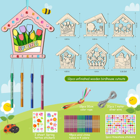 12PCS Birdhouse Wind Chime Kit for Kids Make Your Own Hollow Out Bird House Wind Chime DIY Coloring Wood Crafts Spring Wooden Arts and Crafts for Boys Girls School Activities Party Decoration TREACLUB