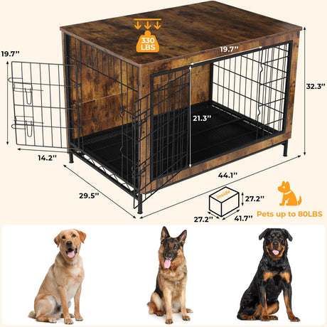 TLSUNNY Dog Crate Furniture, 44.1" Wooden Dog Crate Table, Indoor Dog Kennel with 2 Doors, Modern Dog Cage w/Pull-Out Removable Tray, Large/Medium/Small Dog House Furniture End Table, (Rustic) TLSUNNY
