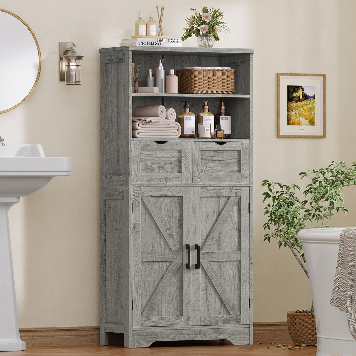 TEENFON Farmhouse Storage Cabinet with Doors & 2 Drawers, Bathroom Cabinet with Adjustable Shelf, Cupboard for Living Room, Entryway, Home Office, Gray TEENFON