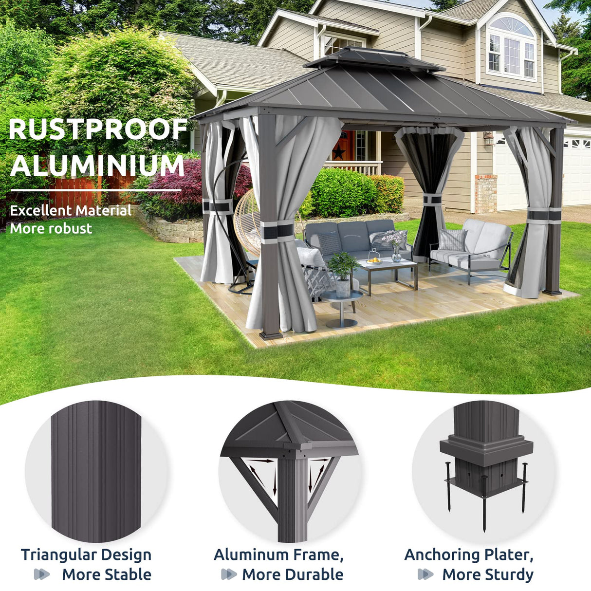 UDPATIO 10' x 12' Hardtop Gazebo, Galvanized Steel Double Roof Permanent Aluminum Gazebo, Outdoor Metal Pergolas with Mosquito Netting and Curtains for Garden, Parties, Patio, Deck, Lawns, Grey UDPATIO