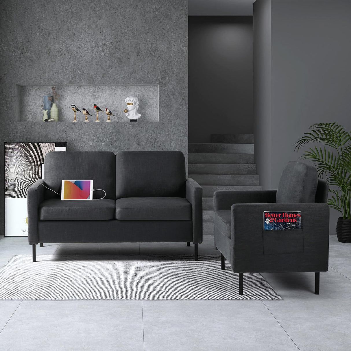 STHOUYN 3 Piece Living Room Furniture Sets, 3 Seat Couch and Loveseat with 2 USB, Single Sofa Accent Chair, Modern Small Couches for Small Spaces, Bedroom, Apartment (Dark Grey) STHOUYN