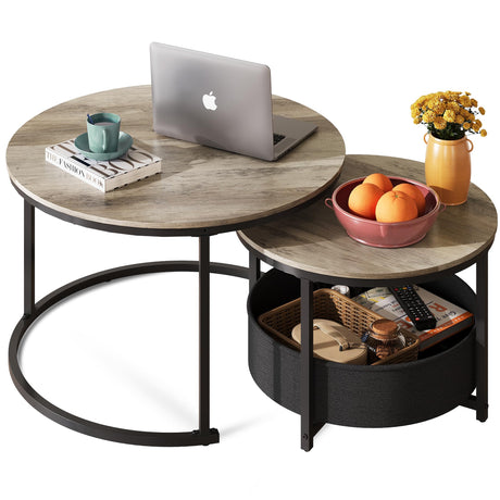 WLIVE Round Coffee Table Set of 2, 31.5" Nesting Coffee Table with Storage, Industrial Minimalist Center Table with Metal Frame, Easy Assembly for Living Room, Apartment, Grey WLIVE