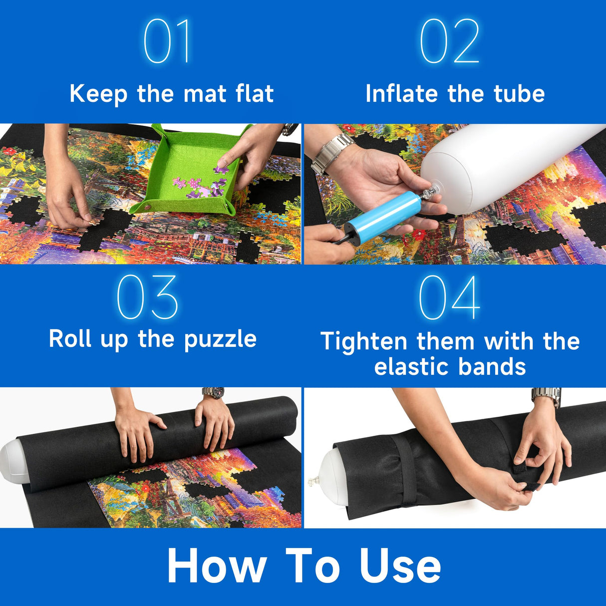 Sancallie 51“x34” Large Jigsaw Puzzle Mat Roll Up Mat- with 15 Glue Sheets, 6 PE Bags Jigroll to 2,000 Pieces with 6 Colorful Trays, Gift Box with Drawstring Bag, 3 Elastic Band, Hand Pump Sancallie