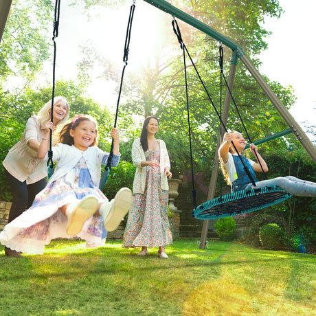 Hapfan 7.5ft Tall Swing Sets for Backyard, 500lbs Heavy Duty Swing Set for Kids and Adults with Spider Swing and Belt Swing, Outdoor Playground Sets for Backyards(Green and Brown) Hapfan