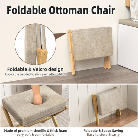 BAMBOOHOMIE Foldable Foot Stool Ottoman, Modern Foot Rest with Bamboo X Legs & Thick Foam Cushion, Folding Foot Stools Small Padded for Bedroom Living Room, Makeup Vanity Stool Chair (Natural - Brown) BAMBOOHOMIE