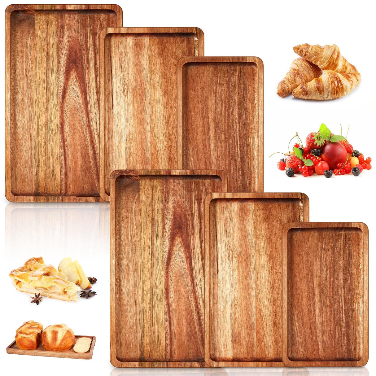 6 Pcs Wooden Tray Wood Serving Tray Set Wood Board for Food Rectangular Wooden Serving Platters Wooden Plates Serving Board for Cheese Appetizer Charcuterie Food Vegetables Dessert Home Party, 3 Sizes Qunclay