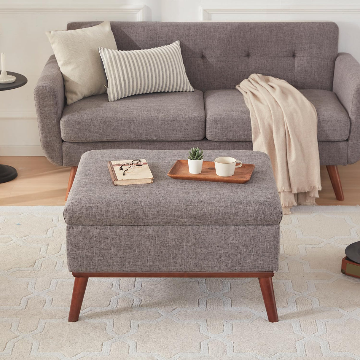 Tbfit Large Ottoman with Storage, 28.3“ Mid Century Modern Rectangle Coffee Table with Lid Lifting Function and High Wooden Legs, Oversized Storage Ottomans for Living Room, Office Room Tbfit