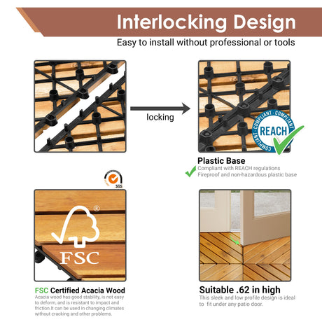PrimeZone 54 PCS Solid Acacia Wood Interlocking Patio Deck Tiles - 12" x 12" Indoor Outdoor Waterproof Flooring Tiles for Balcony, Backyard, Garden & Poolside, All Weather Use, Natural Wood, Diagonal PrimeZone