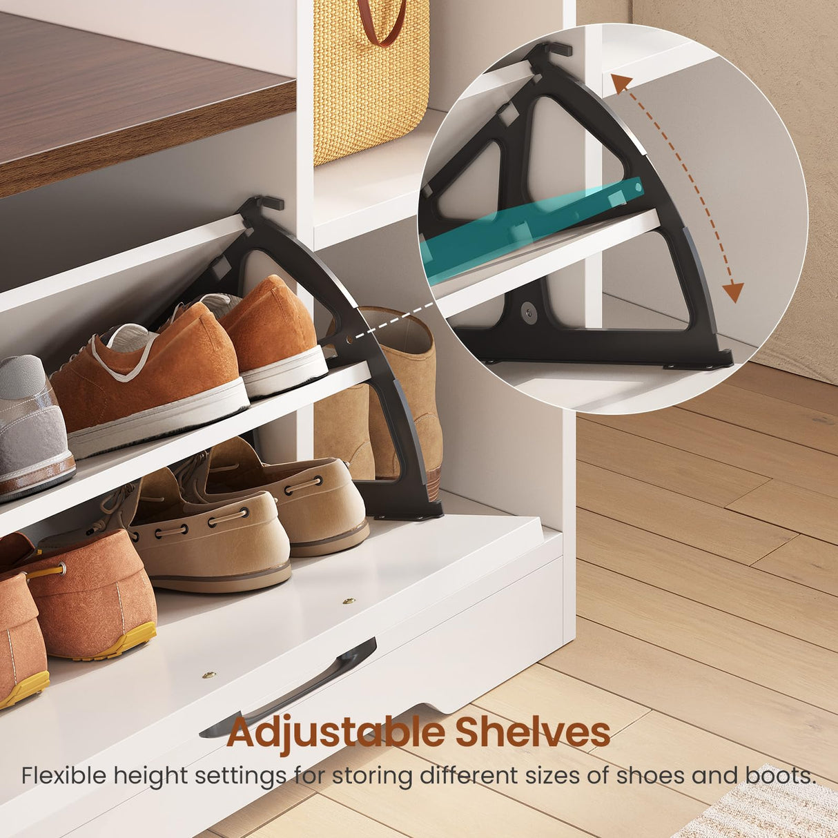 Itaar Hall Tree with Bench and Shoe Storage, Farmhouse Entryway Bench with Coat Rack, Shoe Cabinet with Flip Drawers, 7 Shelves, 10 Coat Hooks, Storage Bag, Led Lights, White Itaar