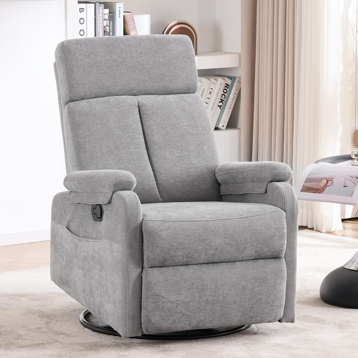 Zuacs Recliner Chairs, Swivel Rocking Chair Nursery, Glider Rocker Recliner Chair for Adults, Small Nursery Recliner for Living Room, Reclining with Modern-Designed Armrests, Upholstered Fabric Grey Zuacs