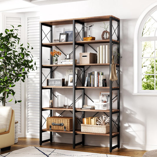 Double Wide 6-Tier Industrial Bookshelf with Metal Frame and Rustic Brown Finish - WoodArtSupply