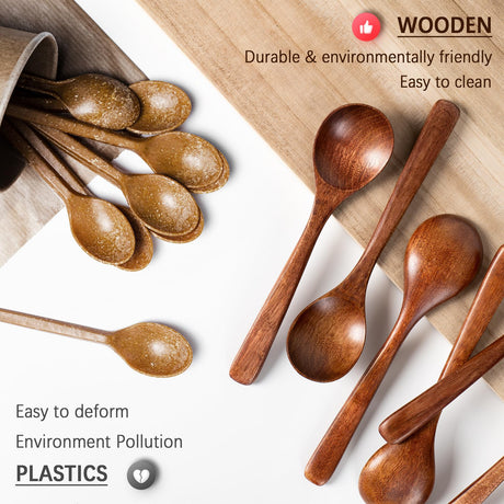Hefild 7 PCS Wooden Spoons for Eating, 7 inch Wooden Honey Spoons for Tea, Wooden Teaspoons for Stirring Coffee, Hard Wood Table Spoons for Cooking, Small Serving Spoons for Soup, Desserts & Cereal Hefild