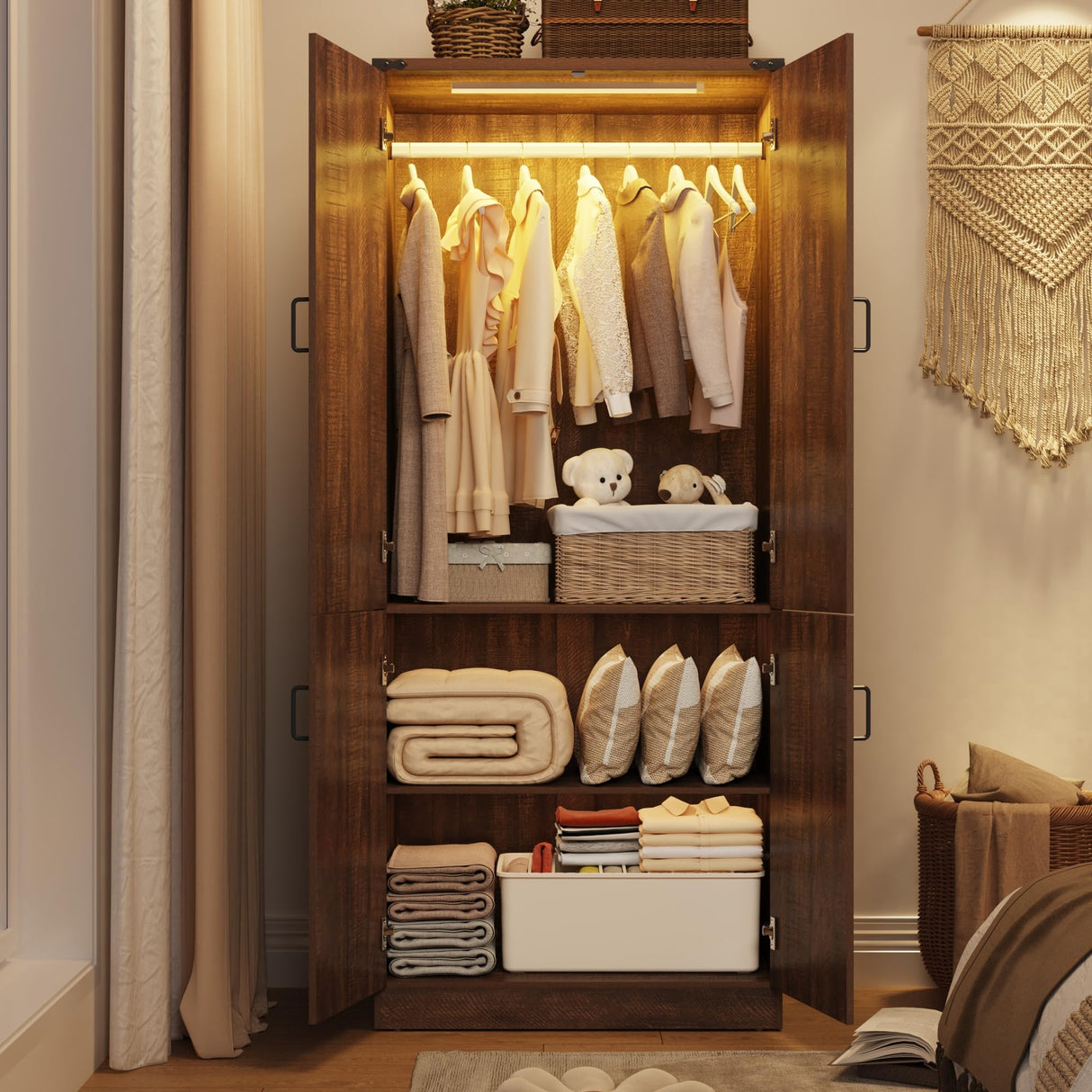 75" Tall Farmhouse 2 Doors Armoire Wardrobe Closet with LED,Freestanding Closet Wardrobe Cabinet for Bedroom with Hanging Rod,Wooden Armoire Storage Cabinet with Adjustable Shelves(Brown) Hlivelood