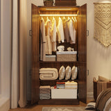 75" Tall Farmhouse 2 Doors Armoire Wardrobe Closet with LED,Freestanding Closet Wardrobe Cabinet for Bedroom with Hanging Rod,Wooden Armoire Storage Cabinet with Adjustable Shelves(Brown) Hlivelood