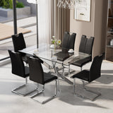 KATBOC 7-Piece Dining Table Set for 6, Modern Rectangular Glass Table with 6 Upholstered Leather Chairs, Space-Saving Dining Room Furniture Table & Chair Sets for Small Spaces&Apartment(Black&Silver) KATBOC