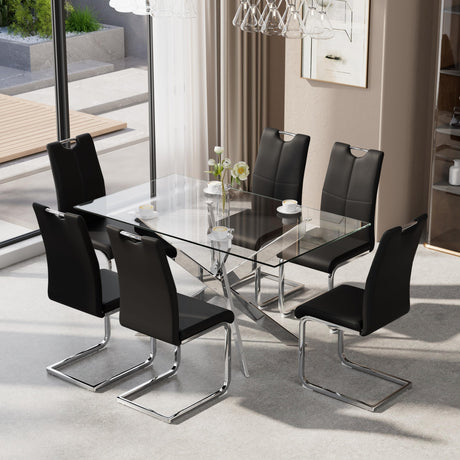 KATBOC 7-Piece Dining Table Set for 6, Modern Rectangular Glass Table with 6 Upholstered Leather Chairs, Space-Saving Dining Room Furniture Table & Chair Sets for Small Spaces&Apartment(Black&Silver) KATBOC