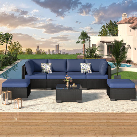 U-MAX 7 Piece Outdoor Patio Furniture Set, PE Rattan Wicker Sofa Set, Outdoor Sectional Furniture Chair Set with Navy Cushions and Tea Table, Black Rattan U-MAX