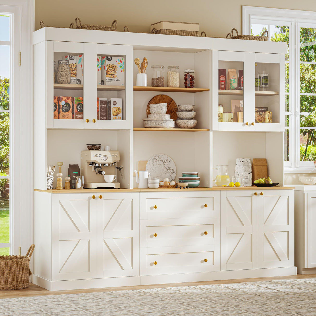 71" Farmhouse Kitchen Pantry Cabinet Set of 3, White Freestanding Coffee Bar Hutch with Glass Doors, Drawers & Adjustable Shelves, Large Storage Cabinet with Microwave Stand for Living Room & Kitchen Vyre