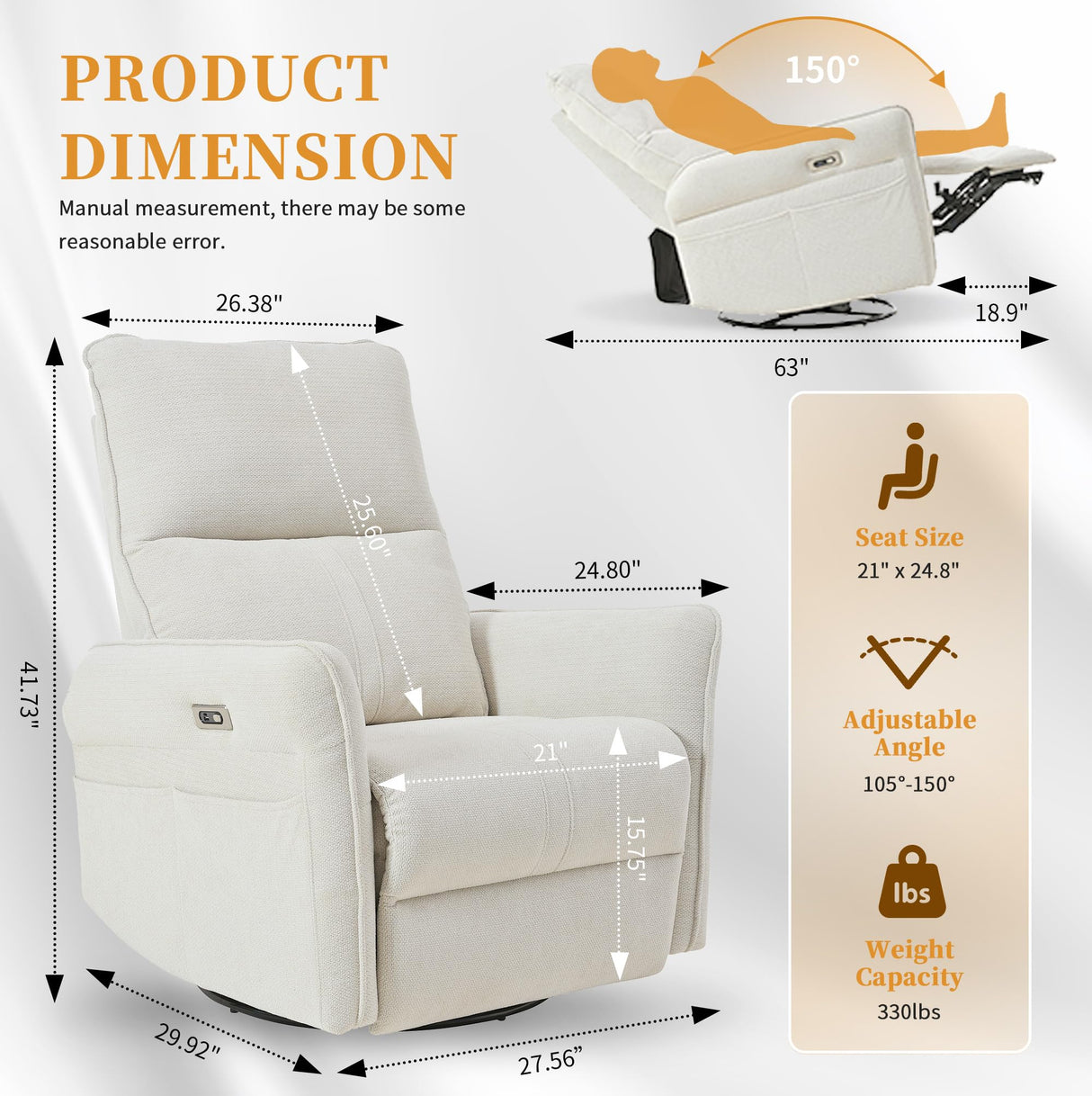 QKFF Power Swivel Rocker Recliner Chair for Nursery, Upholstered Snowflake Velvet 270°Swivel Glider Rocker Chair with USB Ports, Small Power Recliners for Small Spaces Living Room QKFF