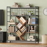 RALGEND Triple 5-Tier Bookshelf, Industrial Large Bookcase with 14 Open Display Shelves, Modern Tree Bookcase with Metal Frame and Hanging Function for Living Room, Home Office, Rustic Brown and Black RALGEND