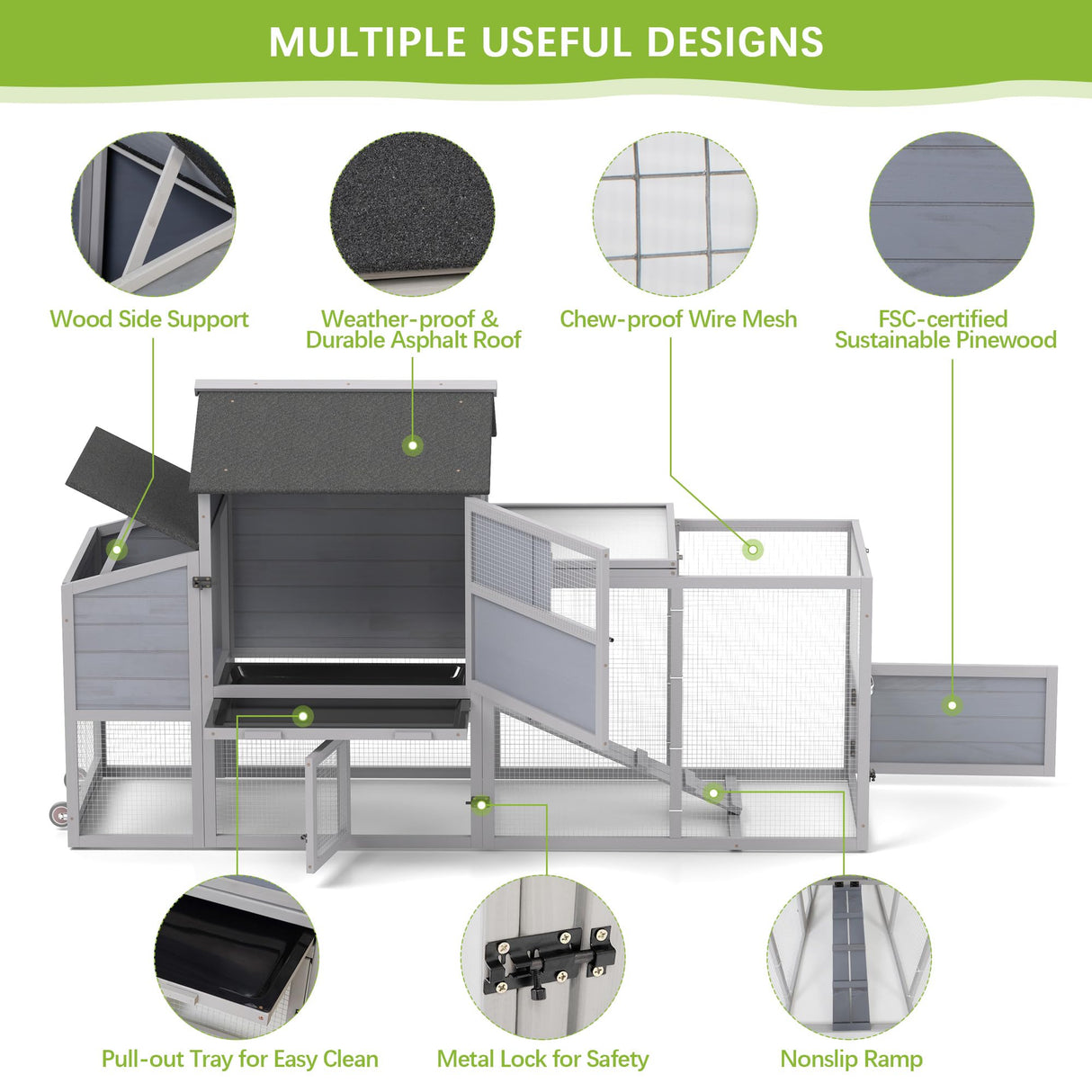 COZIWOW 82" Large Wooden Chicken Coop, Outdoor Rabbit Hutch with Wheels, Sunshine Board, Asphalt Roof, Ramp, Openable Top, Door, Window, Pull-Out Tray, Indoor Bunny Cage (Gray with Pattern) COZIWOW