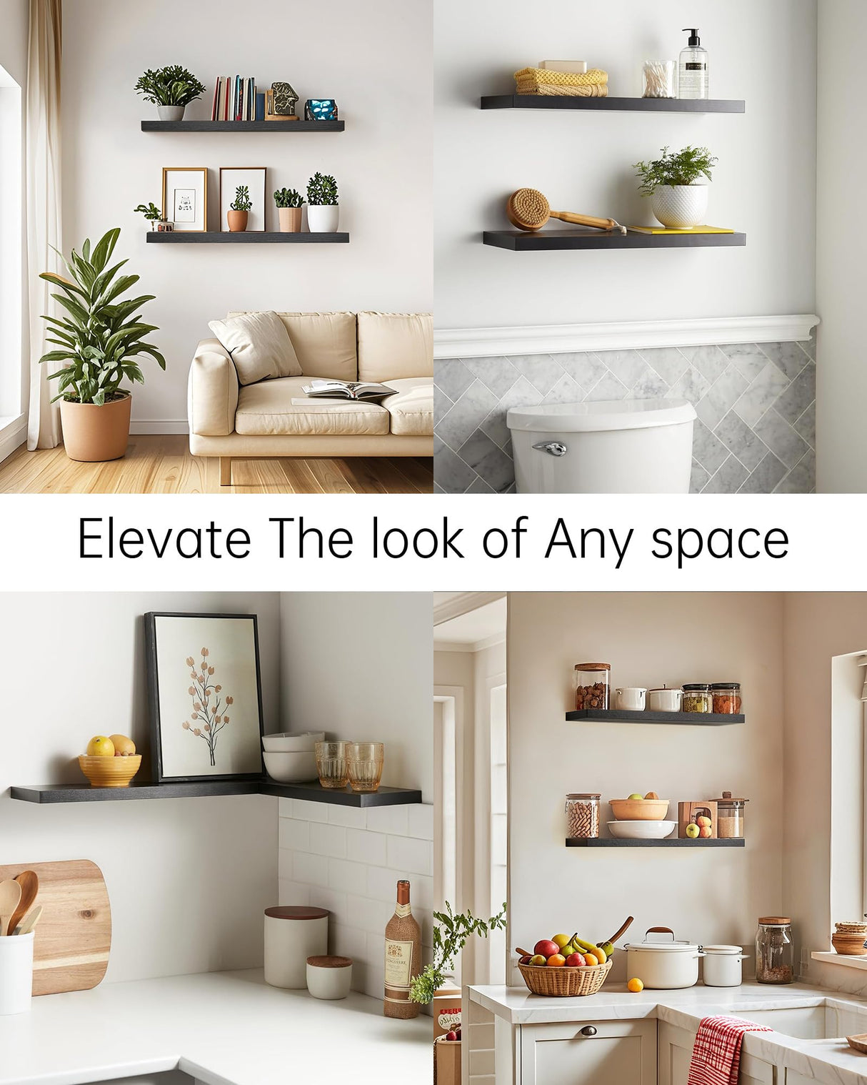 BAYKA Floating Shelves for Wall, 22.5" Wall Mounted Rustic Wood Shelves for Bathroom, Bedroom, Living Room, Kitchen, Office, Hanging Shelf for Books/Storage/Room Decor Capacity (Black, Set of 2) BAYKA