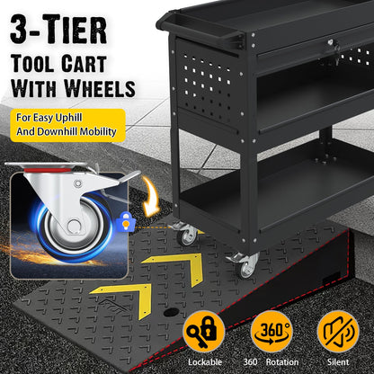 3 Tier Tool Cart on Wheels, Industrial Heavy Duty Rolling Tool Cart with Drawers, 500 LBS Capacity Utility Cart with Hooks and Locking System for Home, Garage, Warehouse, Workshop (Black)